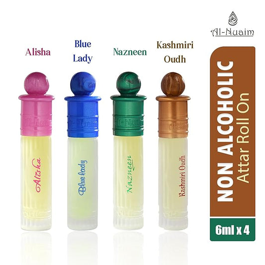 Al-Nuaim Alisha, Blue Lady, Nazneen & Kashmiri Oudh Attar - Pack of 4 (6ml Each) | Alcohol Free | Attar Roll On | Luxury Scent