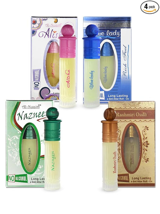 Al-Nuaim Alisha, Blue Lady, Nazneen & Kashmiri Oudh Attar - Pack of 4 (6ml Each) | Alcohol Free | Attar Roll On | Luxury Scent